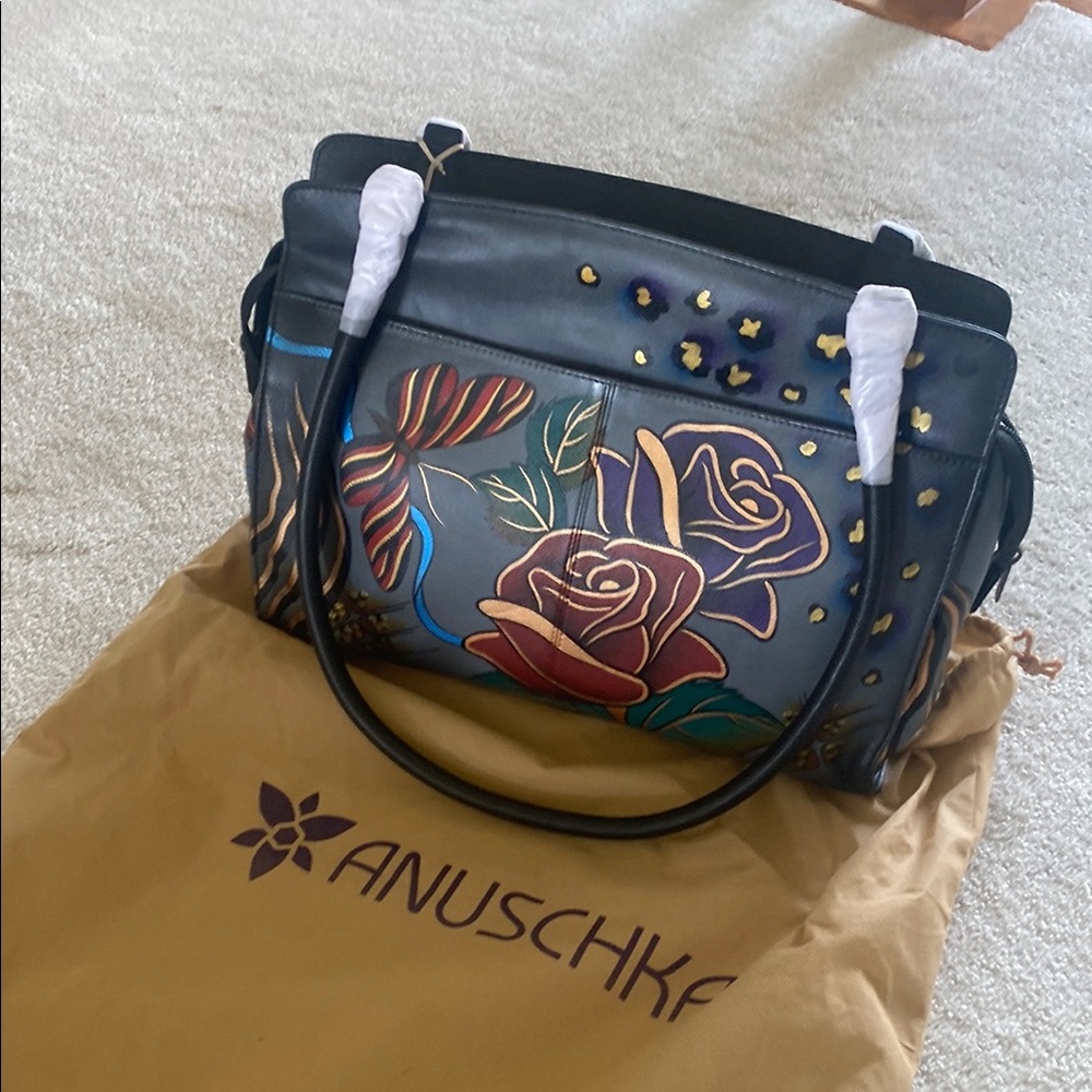 Anuschka Black and Blue Floral Shoulder Bag